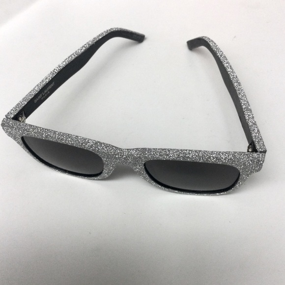 SAINT LAURENT YSL SILVER GLITTER BLACK LEATHER SUNGLASSES SL51 051 NWOT - Picture 4 of 14